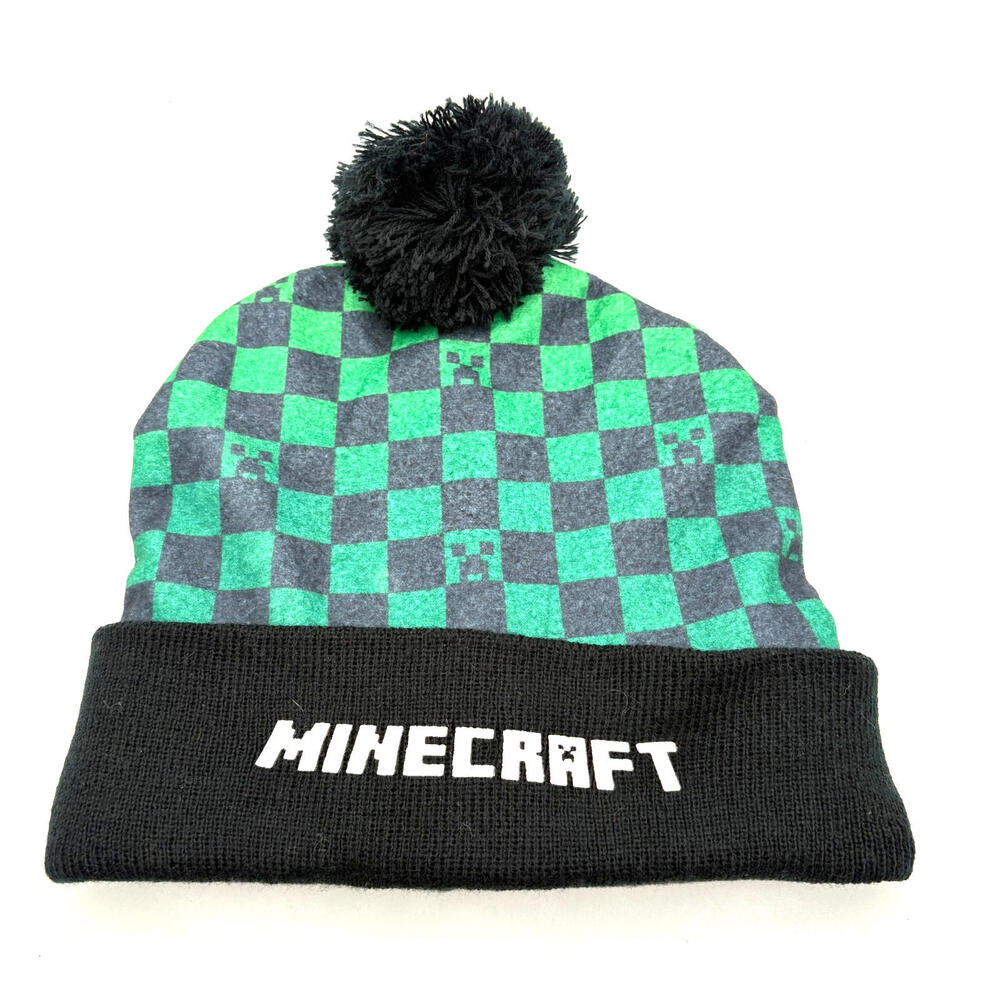 Minecraft Creeper Cuff Beanie PomPom Black Blue Green Hat